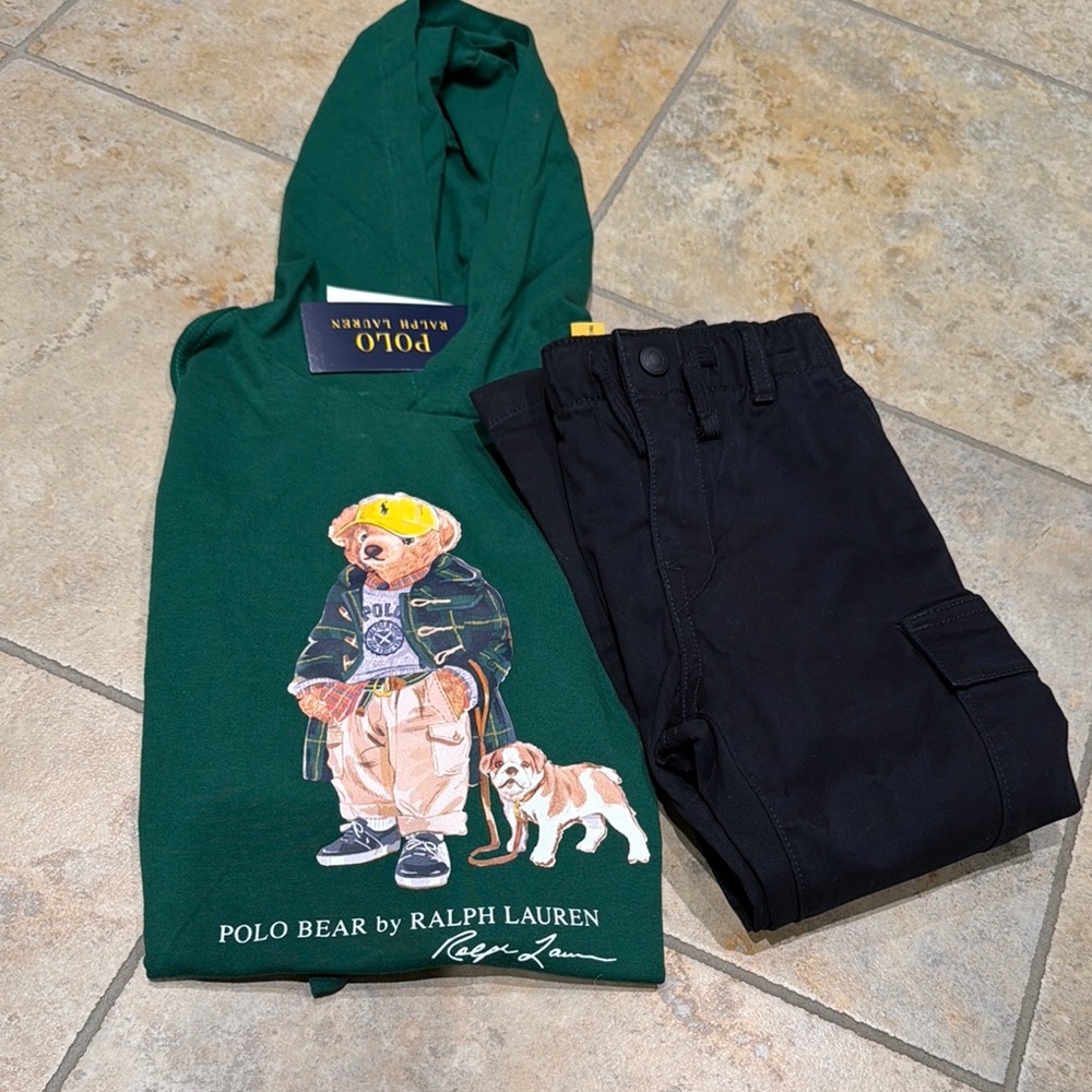 Polo Ralph Lauren Kids Bear Tee and Chino Cargo Pants Outfit Bundle